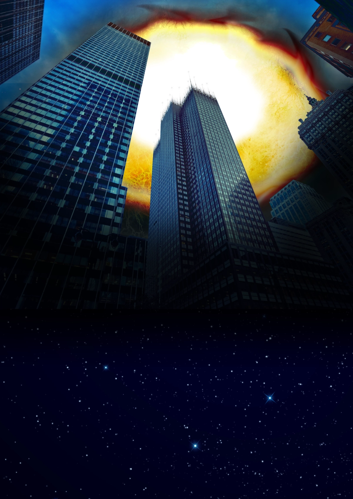 Skyscrapers atomising and their fragments vanishing into a bright light above.