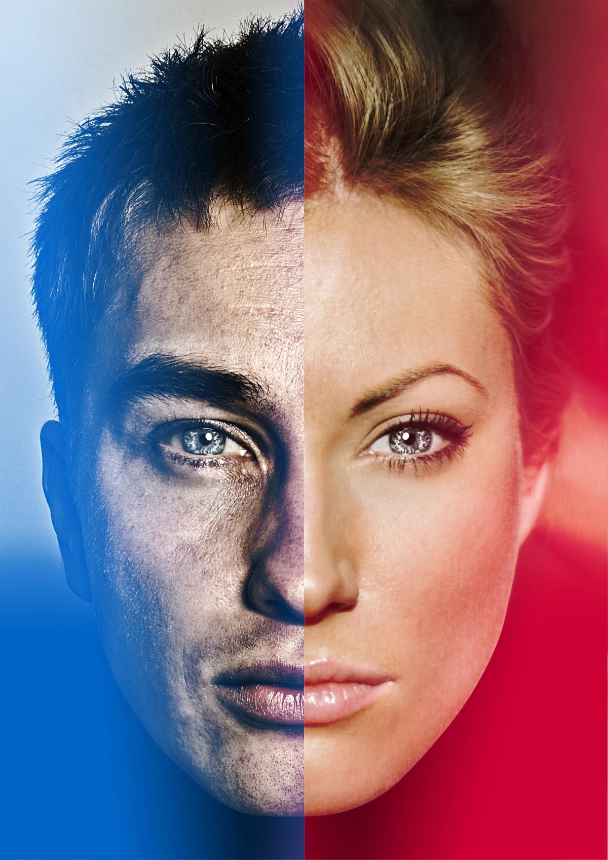 The faces of a man and a woman joined along the vertical axis.